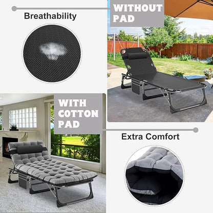 ABORON Heavy Duty Tanning Chair, 5-Gear Outdoor Folding Chaise Lounge Chair with Cushion,Portable Beach Lounge Chair for Outdoor Sunbathing Patio Pool Lawn Deck Poolside