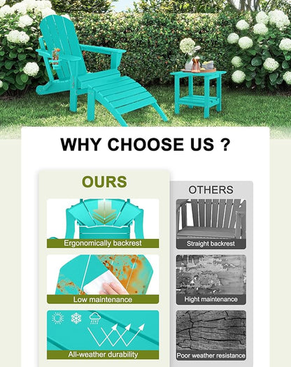 Adirondack Chair with Ottoman | Folding | Outdoor Patio Chair with Removable Footrest | HDPE Plastic All-Weather Resistant | Cup Holder | for Backyard and Garden | Turquoise