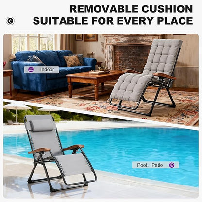PURPLE LEAF Oversized Outdoor Reclining Chair Set of 2 Patio Zero Gravity Chaise Lounge Folding Chair with Removable Cushion Adjustable Headrest for Lawn Camping Beach Pool Grey