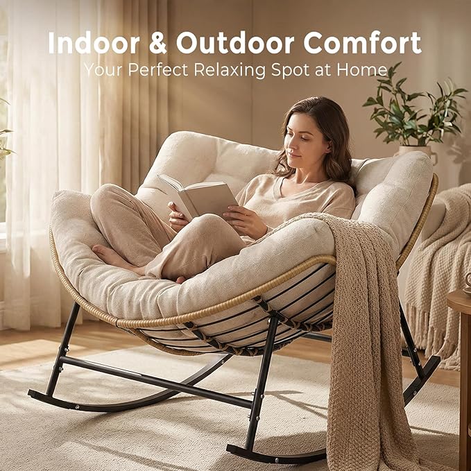 SWITTE Oversized Rocking Papasan Chair, Outdoor Wicker Egg Rocker with Thick Cushion - Photo 3