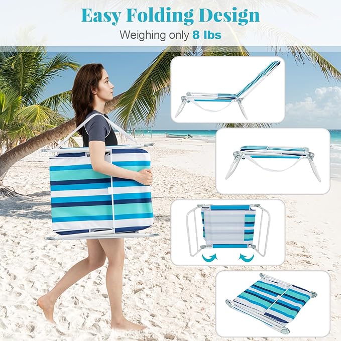 GYMAX Tanning Chair, 2Pcs Folding Beach Chairs with Adjustable Backrest, Footrest, 330lbs Capacity & Shoulder Strap, Portable Layout Sunbathing Loungers for Outside, Patio, Poolside (Blue Stripe)