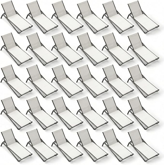Outdoor Chaise Lounge Chair Set of 30, 5-Position Adjustable Patio Lounge Chair with Aluminum Frame, Textilene Fabric Pool Loung Chairs for Poolside, Deck, Backyard (White)