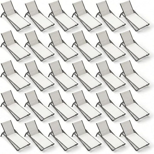 Outdoor Chaise Lounge Chair Set of 30, 5-Position Adjustable Patio Lounge Chair with Aluminum Frame, Textilene Fabric Pool Loung Chairs for Poolside, Deck, Backyard (White)