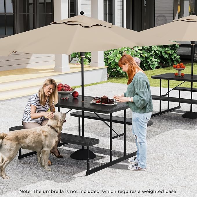 Giantex Picnic Table Bench Set for 4 People, 4.5FT Outdoor Rectangular Dining Table & 2 Benches w/Umbrella Hole - Photo 2