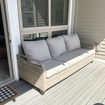EAGLE PEAK Wicker Outdoor Patio Sofa Modern Rattan Patio Furniture Loveseat for Backyard Deck Porch Balcony, 3 Seat Couch, Brown/Gray