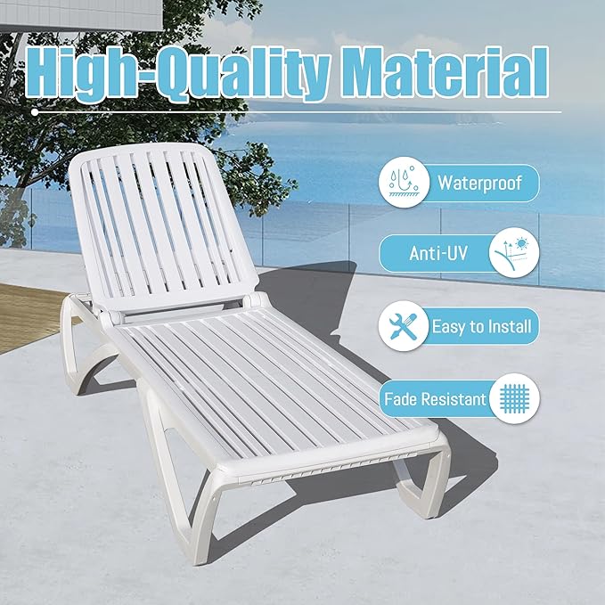 Domi Patio Outdoor Chaise Lounge Chair, All-Weather Plastic Adjustable Reclining Lounger, Stackable Tanning Lounge Chair w/Wheels and Side Table, for Beach Garden Lawn Pool(1 White Chair W/Table)