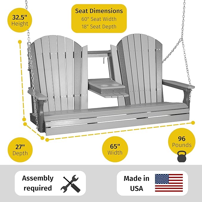 LuxCraft 5' Adirondack Hanging Front Porch Swing with Flip Down Console, Seats Up to 3 - Photo 2