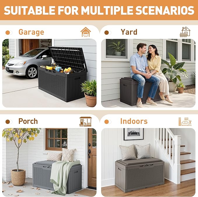 Greesum 100 Gallon Resin Deck Box Large Outdoor Storage Boxes with Cushions for Garden Tools, Patio Furniture Pillows - Photo 5