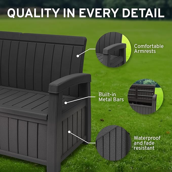 EconoHome 3 Seat Outdoor Storage Bench with Rain Cover - 90 Gallon Capacity - Weatherproof Resin Bench for Patio, Porch - Photo 5