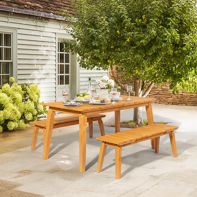 VINGLI Outdoor Wooden Bench, 45” 2-Person Backless Dining Bench, Weatherproof Outdoor Patio Bench for Porch Entryway Garden (2, Teak)