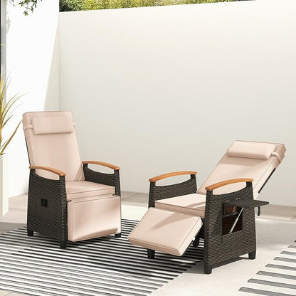 Tangkula Patio Wicker Recliner Chair, Rattan Lounge Chair w/Adjustable Backrest & Footrest, Flip Side Table, Push Back Reclining Seat w/Cushion for Backyard, Porch, Lawn (1, Beige)