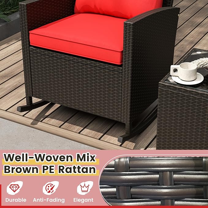 Tangkula 3 Piece Wicker Rocking Set, Patio Rattan Roker Chairs with Tempered Glass Table & Soft Cushions, Outdoor Furniture Set for Backyard, Poolside Porch (Red)