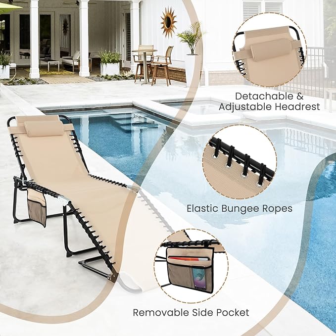 GYMAX Lounge Chairs for Outside, Extra High Folding Beach Tanning Lounger with Adjustable Backrest - Photo 6