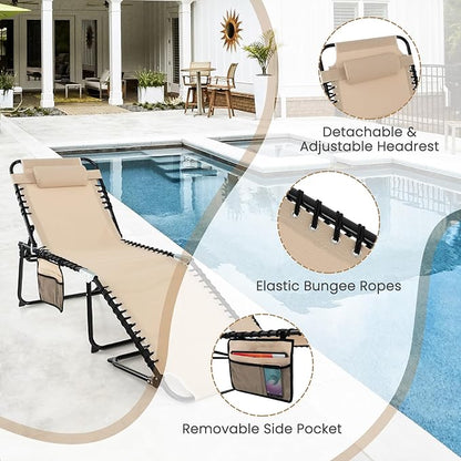 GYMAX Lounge Chairs for Outside, Extra High Folding Beach Tanning Lounger with Adjustable Backrest, Footrest & Removable Pillow, Sunbathing Lounge for Patio, Poolside (2, Sand with Pocket)