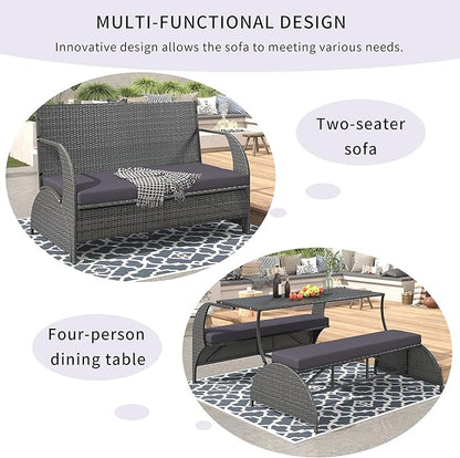 57.1" 2-in-1 Convertible Picnic Upholstered Bench Table, Outdoor Loveseat Picnic Table Couch, Foldable to 4 Seats & 1 Table, Multifunctional Patio Seating for Garden Lawn Backyard Porch（grey）