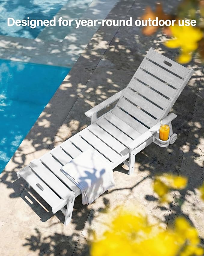 YEFU Lounge Chair Outdoor Chaise: Outdoor Chaise Lounge with 5-Level Adjustable Backrest, Cup Holders & Wheels, All-Weather Resistance Chaise Lounge for Outside/Patio/Beach/Deck, White