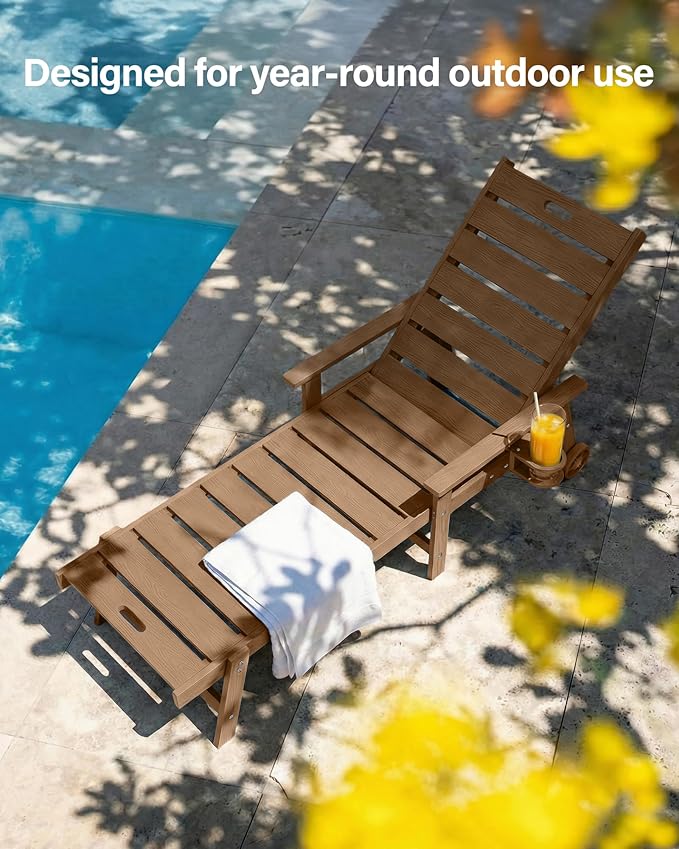 YEFU Lounge Chair Outdoor Set of 4: Outdoor Chaise Lounge with 5-Level Adjustable Backrest, Cup Holders & Wheels, All-Weather Resistance Chaise Lounge for Outside/Patio/Beach/Deck, Teak