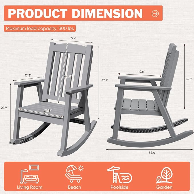 Flamaker Outdoor Rocking Chairs, PP Material Patio Rocking Chairs All Weather Resistant, Heavy Duty Rockers with High Back for Patio Backyard Porch (Gray)