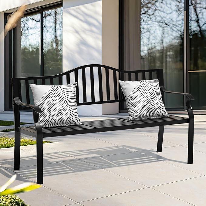 NUU GARDEN Outdoor Garden Bench with Built-in Small Table, E-Coated Metal Patio Bench for Porch, Lawn, Yard, Garden, Poolside, Black