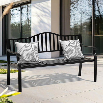 NUU GARDEN Outdoor Garden Bench with Built-in Small Table, E-Coated Metal Patio Bench for Porch, Lawn, Yard, Garden, Poolside, Black
