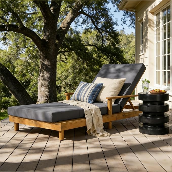 Merax Acacia Wood Outdoor Chaise Lounge Chair with 3-Position Adjustable Backrest & 4" Thick 3-Fold Removable Cushion, 76.8" L Modern Patio Sun Lounger for Garden Pool Beach Yard, Dark-Grey+Teak