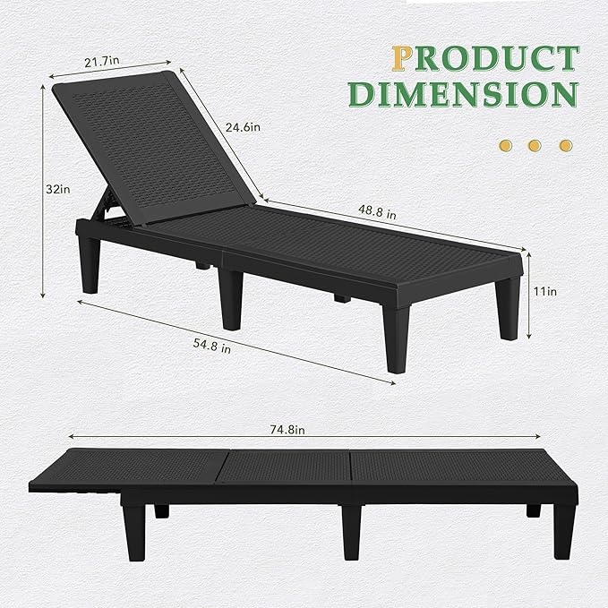JUMMICO Patio Chaise Lounge Chair Set of 4 Outdoor PE Waterproof Adjustable Easy Assembly Lounge Chairs for Outside Pool Garden Deck Beach (Black, Set of 4)