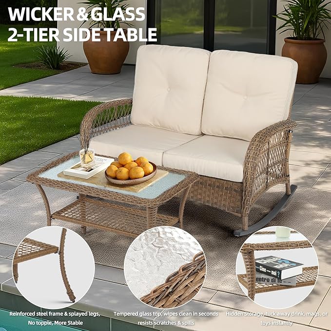 MEETWARM Wicker Patio Coffee Table, 34.5" Rectangle Outdoor Coffee Table with Tempered Glass Top and 2-Tier Storage Shelf, All-Weather Rattan Patio Side Table for Outside Poolside Deck Garden, Brown