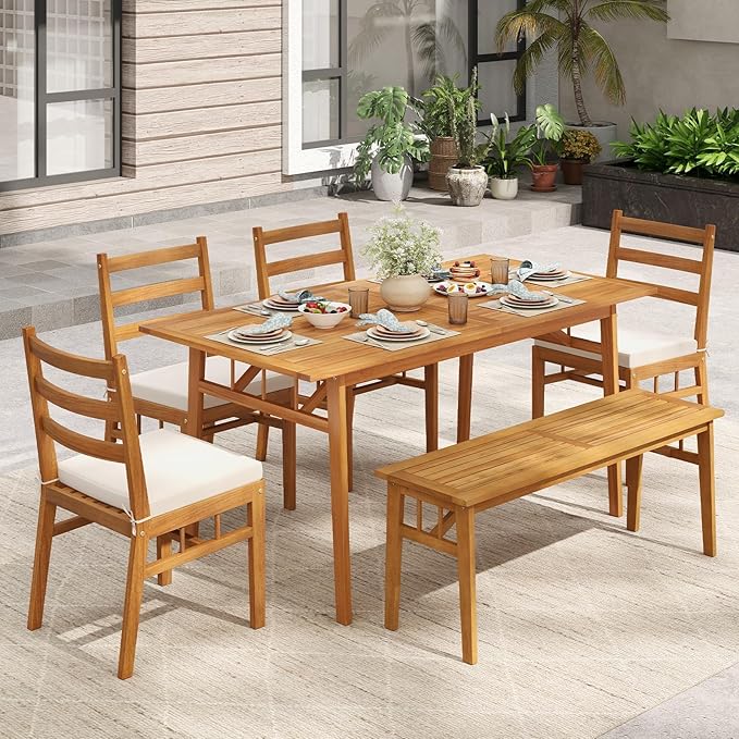 HAPPYGRILL Outdoor Acacia Wood Dining Bench, 48” Wooden Bench Patio Furniture for Entryway Garden Poolside Balcony, 800 LBS (2)