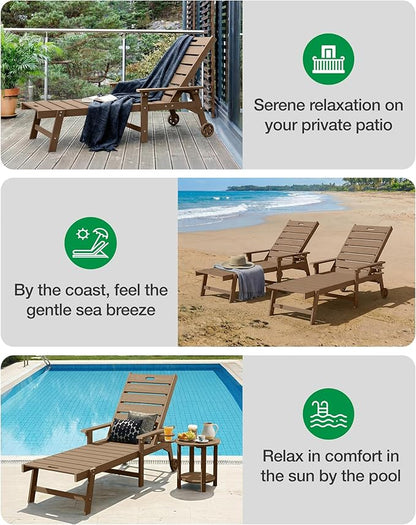 YEFU Lounge Chair Outdoor Set of 2: Outdoor Chaise Lounge with 5-Level Adjustable Backrest, Cup Holders & Wheels, All-Weather Resistance Chaise Lounge for Outside/Patio/Beach/Deck, Teak