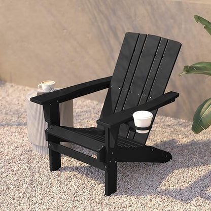 Flash Furniture Halifax Adirondack Chairs with Cup Holders, Weather Resistant Poly Resin Adirondack Chairs, Set of 4, Black