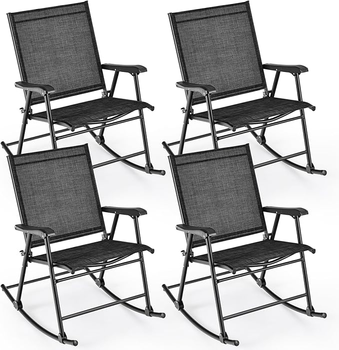 Tangkula Folding Rocking Chairs Set of 4, Patio Rockers with Breathable Seat Fabric & Sturdy Metal Frame, Smooth Rocking Motion, Heavy-Duty Outdoor Rocker for Backyard, Front Porch, Poolside