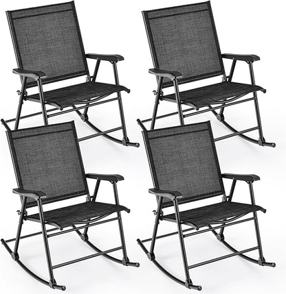 Tangkula Folding Rocking Chairs Set of 4, Patio Rockers with Breathable Seat Fabric & Sturdy Metal Frame, Smooth Rocking Motion, Heavy-Duty Outdoor Rocker for Backyard, Front Porch, Poolside