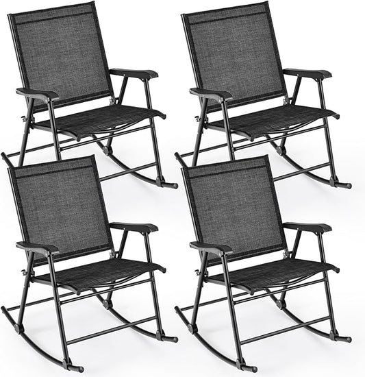 Tangkula Folding Rocking Chairs Set of 4, Patio Rockers with Breathable Seat Fabric & Sturdy Metal Frame, Smooth Rocking Motion, Heavy-Duty Outdoor Rocker for Backyard, Front Porch, Poolside