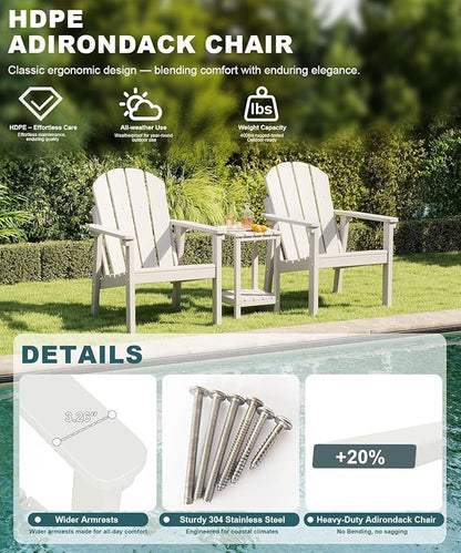 Adirondack Chair, All Weather HDPE Fire Pit Chairs, Oversized Plastic Adirondack Chair for Outdoor, Balcony, Deck, Backyard, Patio, Garden, Poolside, Lawn White
