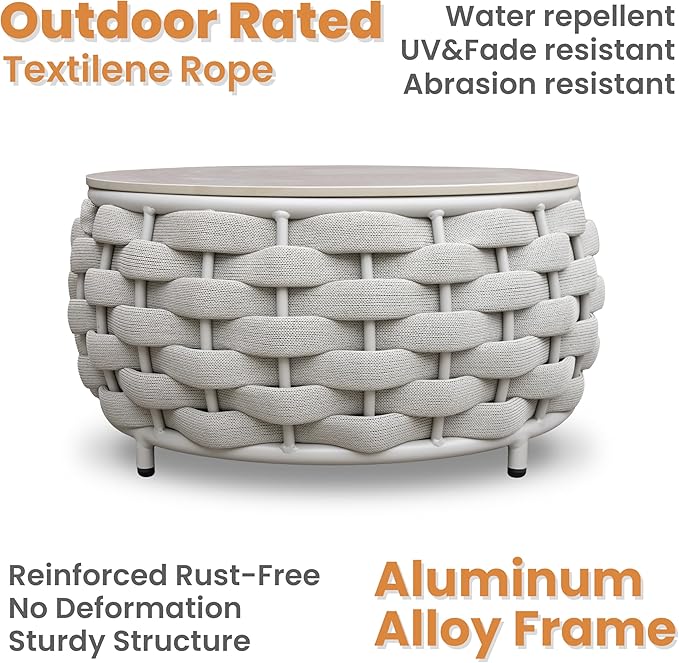 Short Round Patio Coffee Table: Hand Woven Rope Side Tables Assembled - Aluminum Outdoor Accent Table Modern - Metal Porch Furniture for 176lbs Deck Garden Pool Balcony Hotel, φ25.6''/65cm, Gray