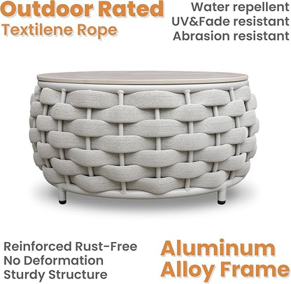Short Round Patio Coffee Table: Hand Woven Rope Side Tables Assembled - Aluminum Outdoor Accent Table Modern - Metal Porch Furniture for 176lbs Deck Garden Pool Balcony Hotel, φ25.6''/65cm, Gray
