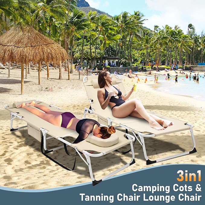 DoCred 3 in 1 Sun Tanning Chair with Face Arm Hole, Heavy Duty Folding Chaise Lounge Chairs - Photo 5