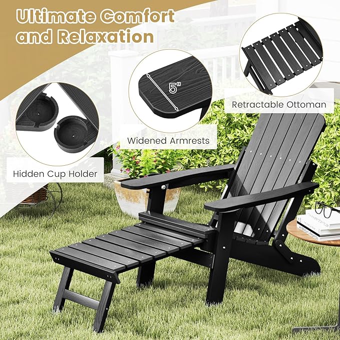 Giantex Folding Adirondack Chair, All-Weather Lounge Chair with Adjustable Backrest, Retractable Ottoman, Cup Holder, HIPS Fire Pit Chair for Lawn, Pool, Patio, Porch (1, Black)