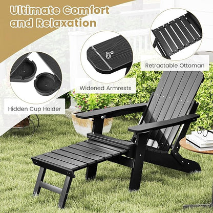 Giantex Folding Adirondack Chair, All-Weather Lounge Chair with Adjustable Backrest, Retractable Ottoman, Cup Holder, HIPS Fire Pit Chair for Lawn, Pool, Patio, Porch (1, Black)