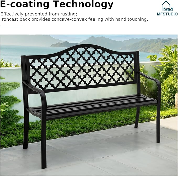 MFSTUDIO Outdoor Metal Bench Set of 2, 50" Black Outdoor Metal Garden Bench - Photo 4