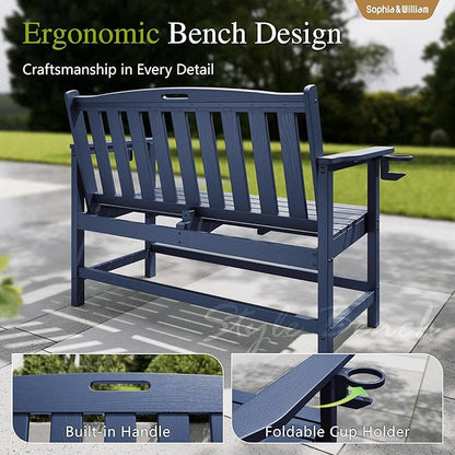 Sophia & William HDPE Outdoor Bench Weatherproof, 2-Person Garden Bench with Cup Holders, 700 lbs Capacity, Patio Benches for Porch, Garden, Backyard and Park, Navy