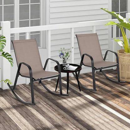 Giantex Outdoor Rocking Chairs Set of 2, Patio Rocking Chairs w/Breathable Seat & Back, Heavy-Duty Metal Support, Ergonomic Outside Rocker for Backyard, Poolside, Garden (2, Brown)