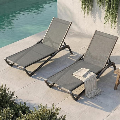 Outdoor Chaise Lounge Chair Set of 2, 5-Position Adjustable Patio Lounge Chair with Aluminum Frame, Textilene Fabric Pool Loung Chairs for Poolside, Deck, Backyard (Grey)