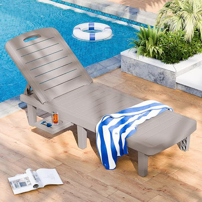 Outdoor Chaise Lounge, 5-Position Adjustable Sun Lounge w/Pull-Out Tray, Waterproof PP Lounge Chairs for Outside, Lounge Chairs for Poolside, Patio, Beach, Yard in All Weather,1 PC,Grey