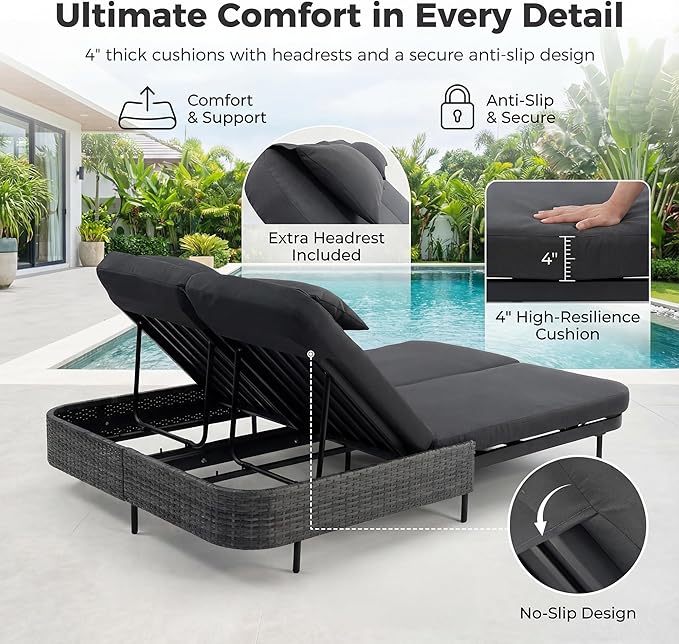 BULEXYARD 51.2" Double Chaise Lounge Outdoor, 2-Person PE Wicker Patio Daybed with Dual 5-Position Adjustable Backrest - Photo 6