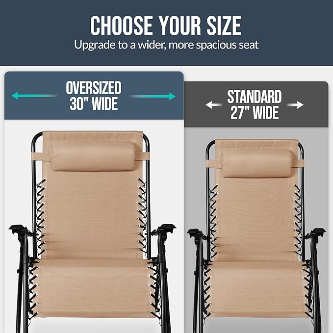 Best Choice Products Set of 2 Extra Wide Adjustable Steel Mesh Zero Gravity Lounge Chair Recliners w/Pillows and Cup Holder Trays - Sand