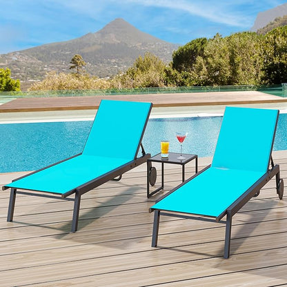 YITAHOME Outdoor Chaise Lounge Chairs Set of 3, Pool Loungers with Side Table, 5-Position Adjustable Backrest,Textile Fabric, and Wheels for Pool Beach Patio Lawn Porch - Blue
