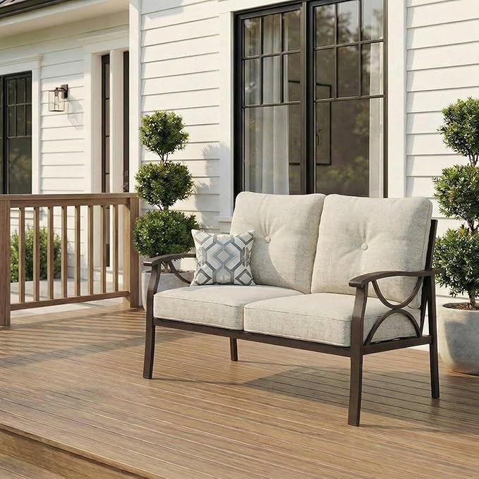 RoyalCraft Patio Loveseat, All-Weather Outdoor 2 Seats Sofa Couch, Khaki Metal Furniture with Beige Cushions - Photo 1