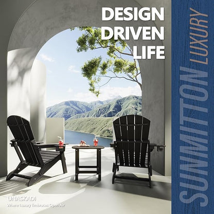 Folding Adirondack Chair Set of 2 with Cup Holders & Ottomans, HDPE All Weather Resistant Plastic Outdoor Patio Chairs, Heavy Duty Fire Pit Seating for Backyard Lawn Garden, Wooden Textured(Black)