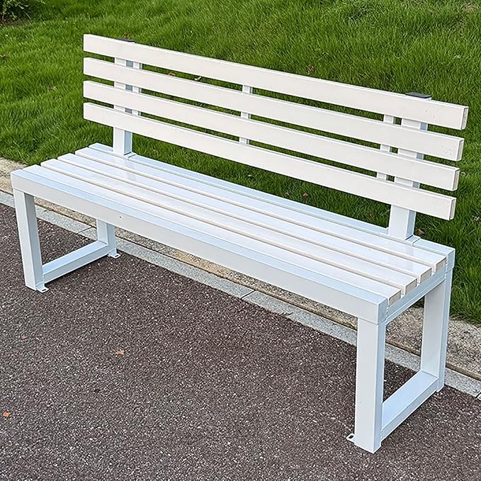 Metal Garden Bench, Outdoor Patio Park Benches, Front Porch Colorful Bench with Backrest, Slatted Chair for Poolside, Balcony, Lawn, Yard, Entryway(White,120cm/47.2in)